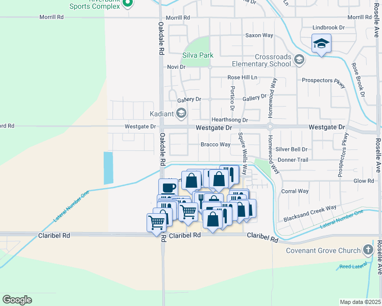 map of restaurants, bars, coffee shops, grocery stores, and more near 5403 Blazer Court in Riverbank