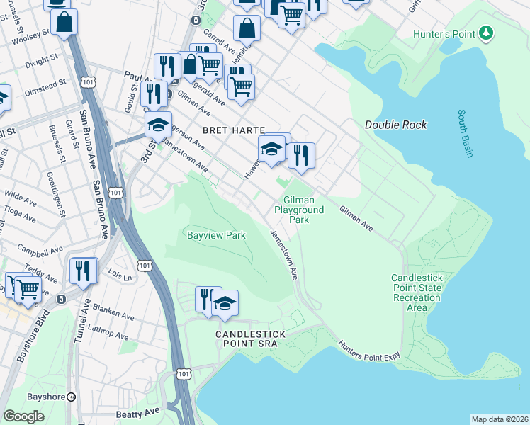 map of restaurants, bars, coffee shops, grocery stores, and more near 800 Jamestown Avenue in San Francisco