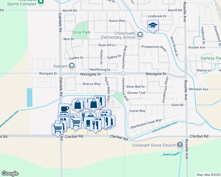 map of restaurants, bars, coffee shops, grocery stores, and more near 2503 Donner Trail in Riverbank