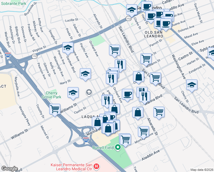 map of restaurants, bars, coffee shops, grocery stores, and more near 1062 Williams Street in San Leandro