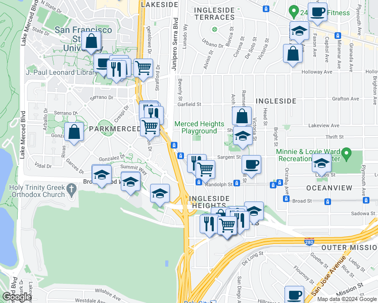 map of restaurants, bars, coffee shops, grocery stores, and more near 119 Monticello Street in San Francisco