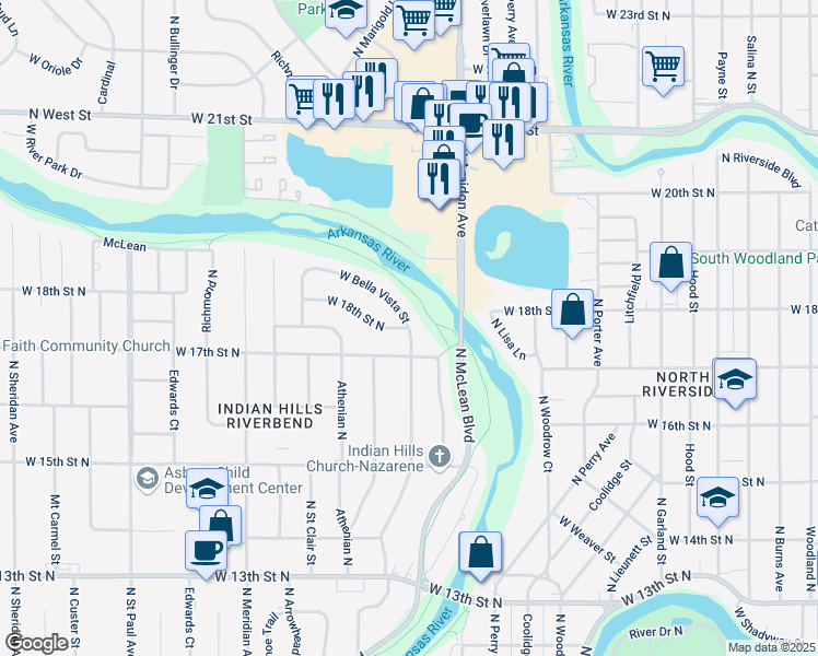 map of restaurants, bars, coffee shops, grocery stores, and more near 2133 West Bella Vista Street in Wichita