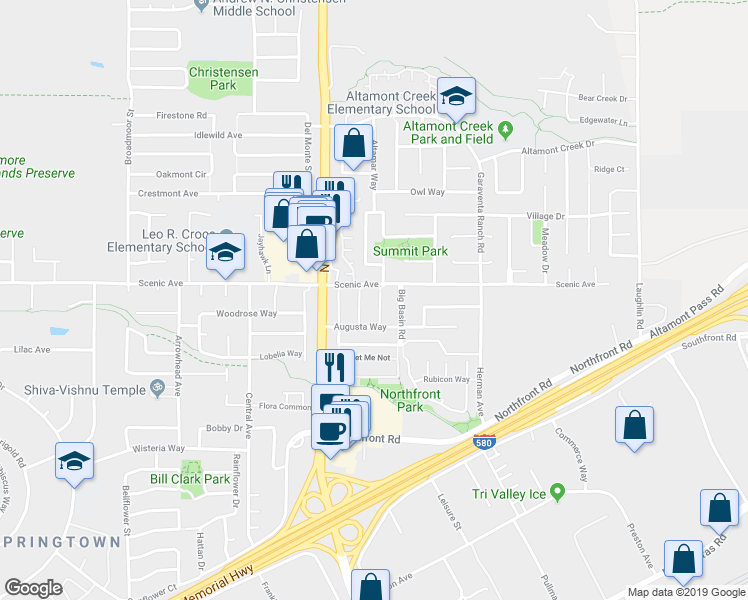 map of restaurants, bars, coffee shops, grocery stores, and more near 1162 Riviera Court in Livermore