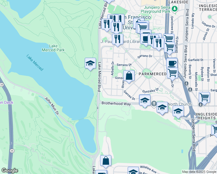 map of restaurants, bars, coffee shops, grocery stores, and more near 578 Arballo Drive in San Francisco