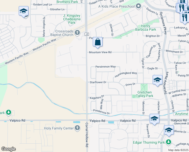 map of restaurants, bars, coffee shops, grocery stores, and more near 1959 Lotus Way in Tracy
