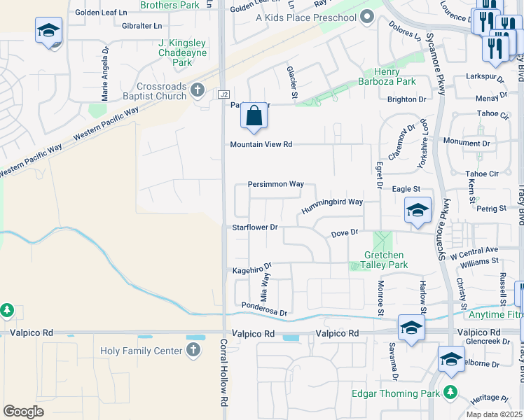 map of restaurants, bars, coffee shops, grocery stores, and more near 2008 Alhambra Court in Tracy