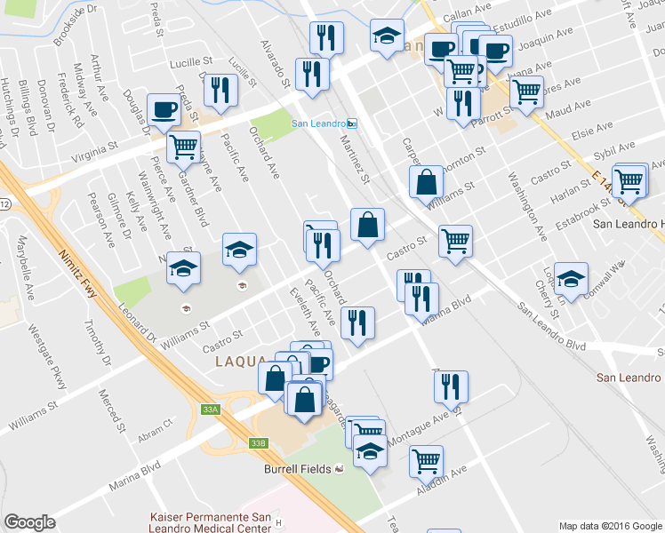 map of restaurants, bars, coffee shops, grocery stores, and more near 978 Castro Street in San Leandro