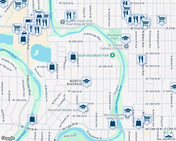 map of restaurants, bars, coffee shops, grocery stores, and more near 1822 North Salina Avenue in Wichita