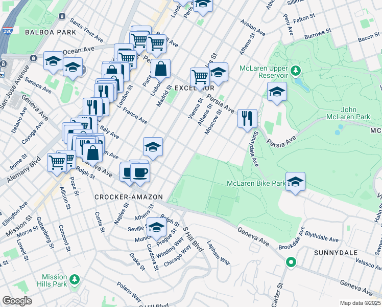 map of restaurants, bars, coffee shops, grocery stores, and more near 708 Moscow Street in San Francisco