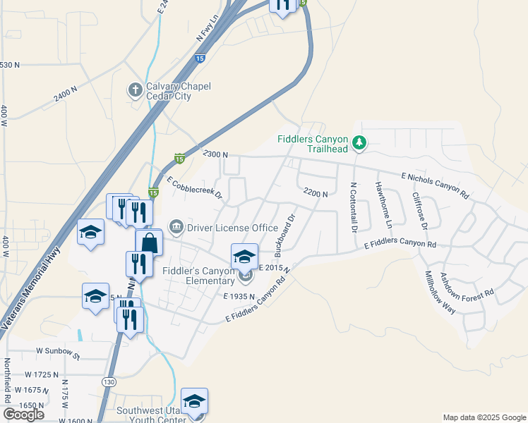 map of restaurants, bars, coffee shops, grocery stores, and more near 2166 North Wedgewood Lane in Cedar City