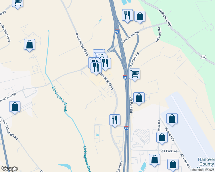 map of restaurants, bars, coffee shops, grocery stores, and more near 11601 North Lakeridge Parkway in Ashland
