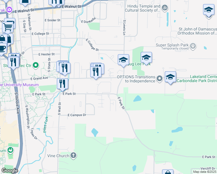 map of restaurants, bars, coffee shops, grocery stores, and more near 1000 East Park Street in Carbondale