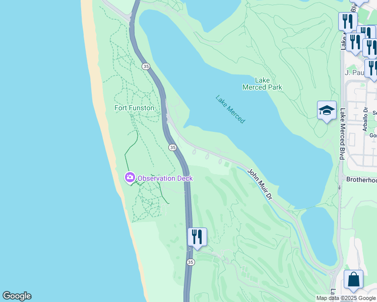 map of restaurants, bars, coffee shops, grocery stores, and more near 515 John Muir Drive in San Francisco