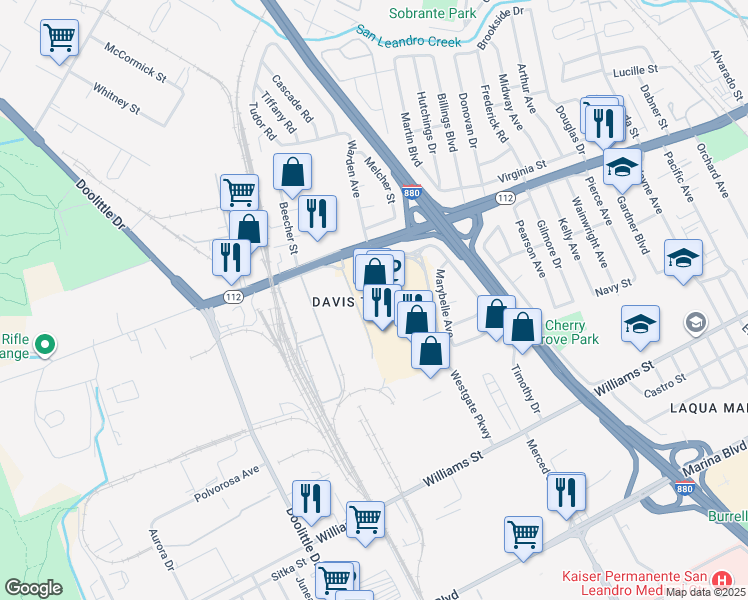 map of restaurants, bars, coffee shops, grocery stores, and more near 1933 Davis Street in San Leandro