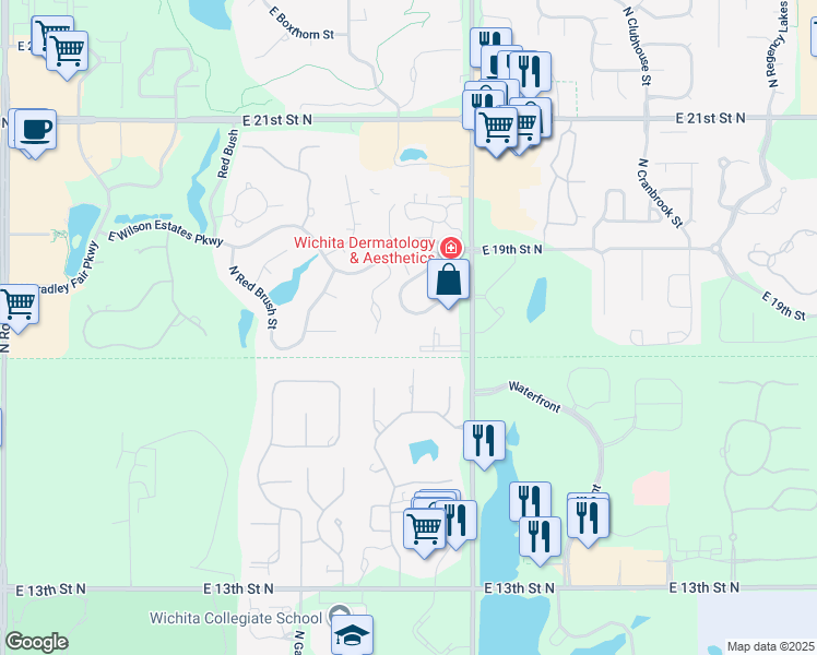 map of restaurants, bars, coffee shops, grocery stores, and more near 1859 North Webb Road in Wichita