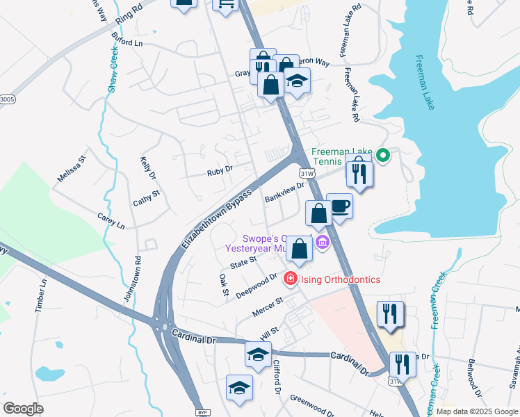 map of restaurants, bars, coffee shops, grocery stores, and more near 1200 Woodland Drive in Elizabethtown