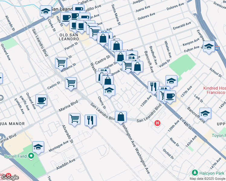 map of restaurants, bars, coffee shops, grocery stores, and more near 2213 Heathrow Place in San Leandro