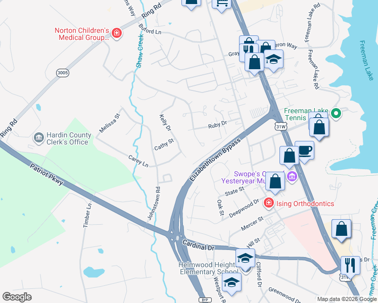 map of restaurants, bars, coffee shops, grocery stores, and more near 1201 Kelly Drive in Elizabethtown