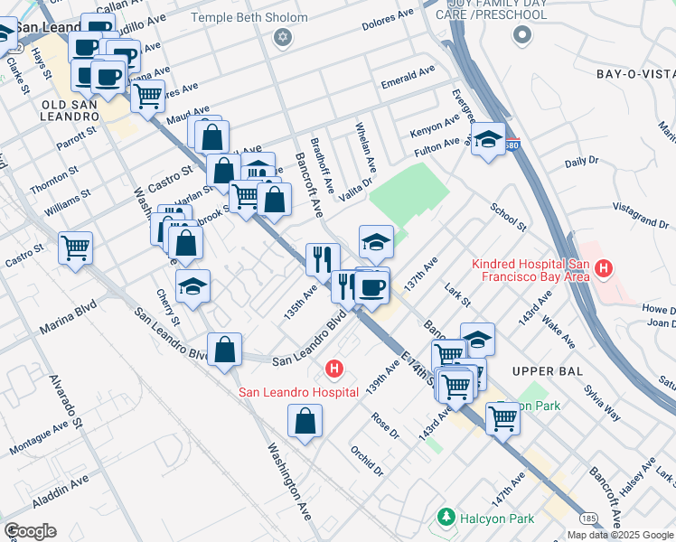 map of restaurants, bars, coffee shops, grocery stores, and more near 13475 Bancroft Avenue in San Leandro