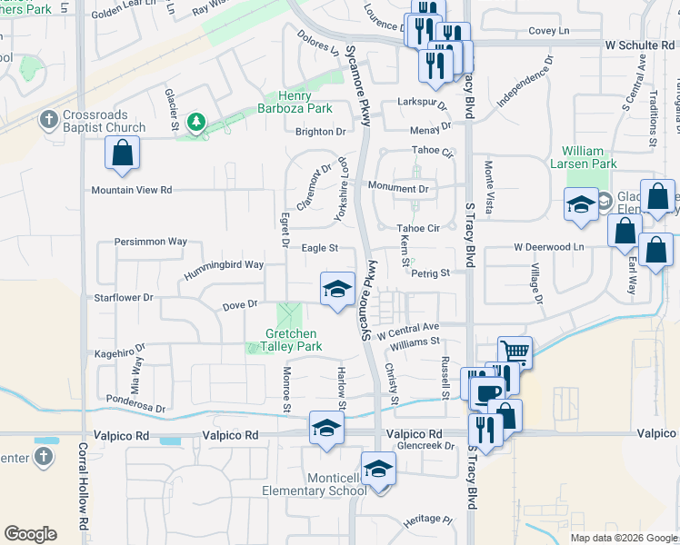 map of restaurants, bars, coffee shops, grocery stores, and more near 2033 Raven Court in Tracy
