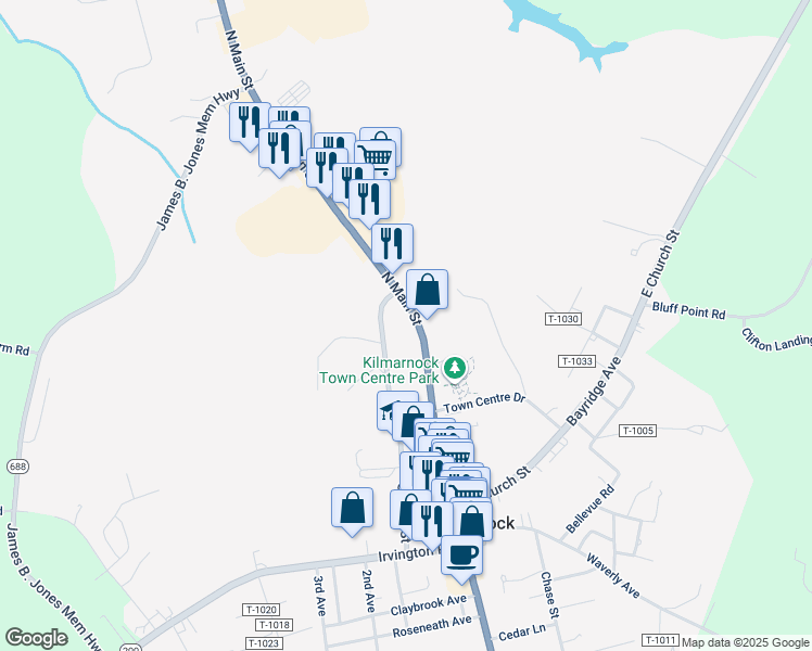 map of restaurants, bars, coffee shops, grocery stores, and more near 279 North Main Street in Kilmarnock