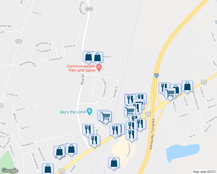 map of restaurants, bars, coffee shops, grocery stores, and more near 1119 Crown Pointe Drive in Elizabethtown