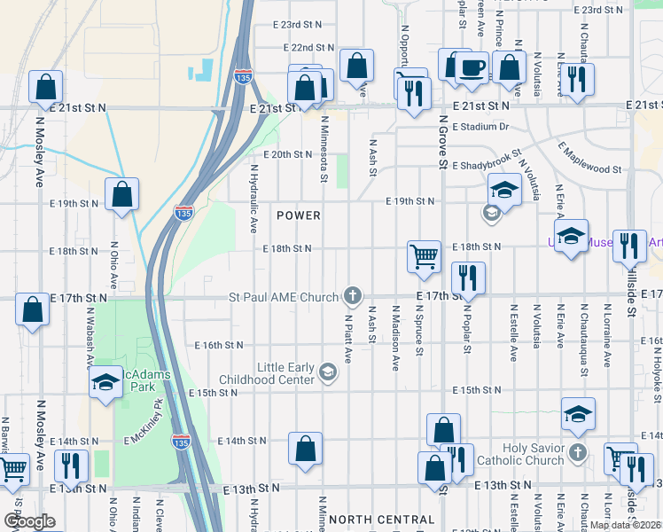 map of restaurants, bars, coffee shops, grocery stores, and more near 1801-1899 North Minnesota Street in Wichita