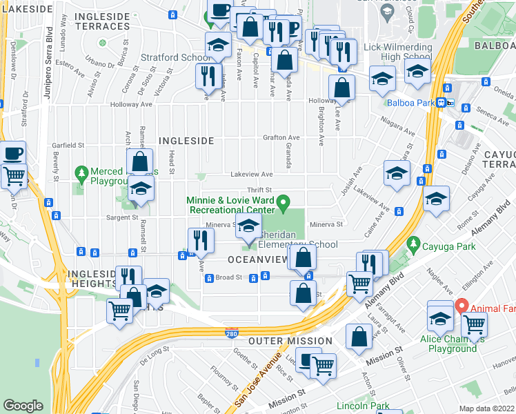 map of restaurants, bars, coffee shops, grocery stores, and more near Capitol Ave & Montana St in San Francisco