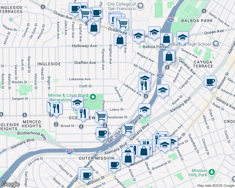 map of restaurants, bars, coffee shops, grocery stores, and more near 6 Minerva Street in San Francisco