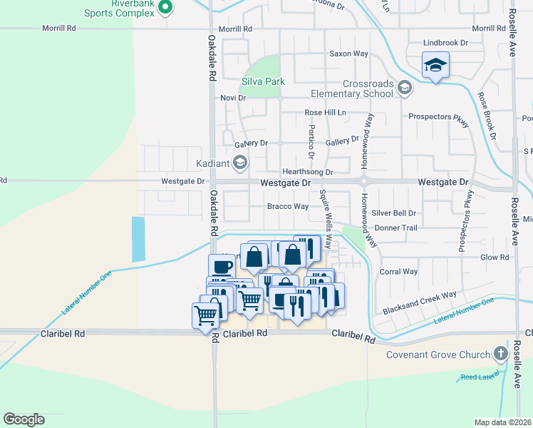 map of restaurants, bars, coffee shops, grocery stores, and more near 5428 Blazer Court in Riverbank