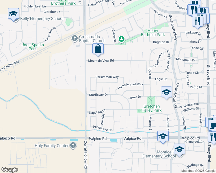 map of restaurants, bars, coffee shops, grocery stores, and more near 2024 Gibson Court in Tracy