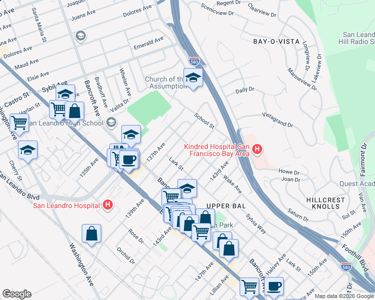 map of restaurants, bars, coffee shops, grocery stores, and more near 1675 141st Avenue in San Leandro