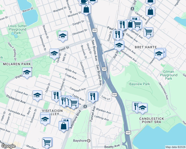 map of restaurants, bars, coffee shops, grocery stores, and more near 221 Wilde Avenue in San Francisco