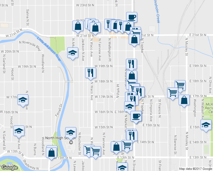 map of restaurants, bars, coffee shops, grocery stores, and more near 1847 North Wellington Place in Wichita