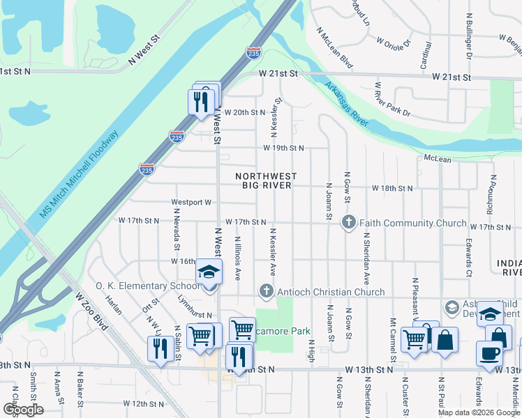 map of restaurants, bars, coffee shops, grocery stores, and more near 1811 North McComas Street in Wichita