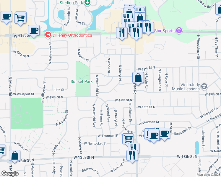 map of restaurants, bars, coffee shops, grocery stores, and more near 1818 North Cheryl Court in Wichita