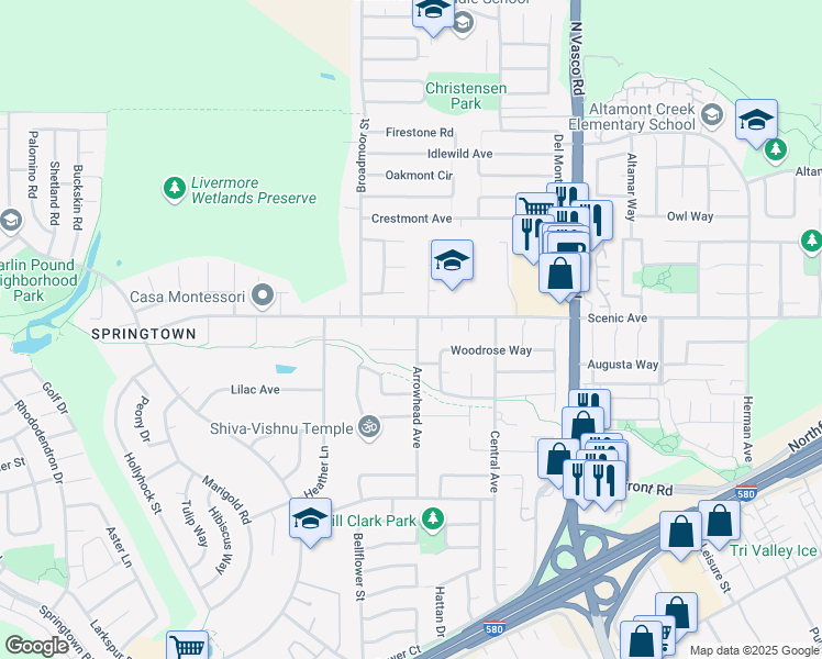 map of restaurants, bars, coffee shops, grocery stores, and more near 1672 Arrowhead Avenue in Livermore