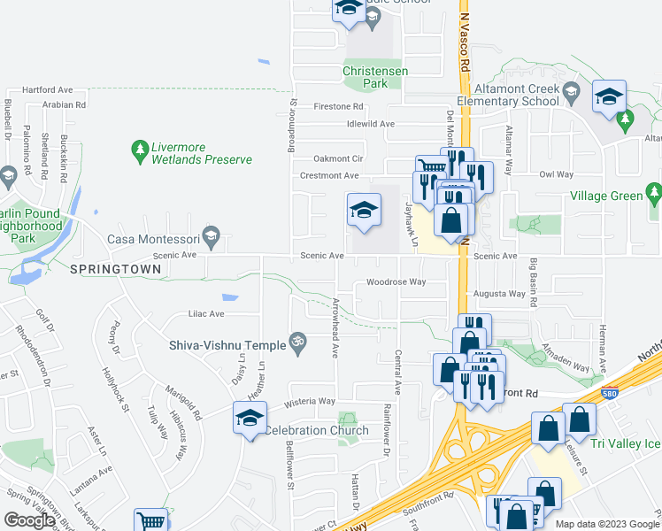 map of restaurants, bars, coffee shops, grocery stores, and more near 1672 Arrowhead Avenue in Livermore