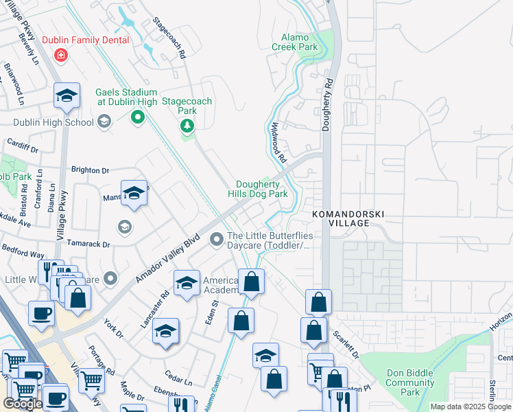 map of restaurants, bars, coffee shops, grocery stores, and more near 6542 Pioneer Lane in Dublin