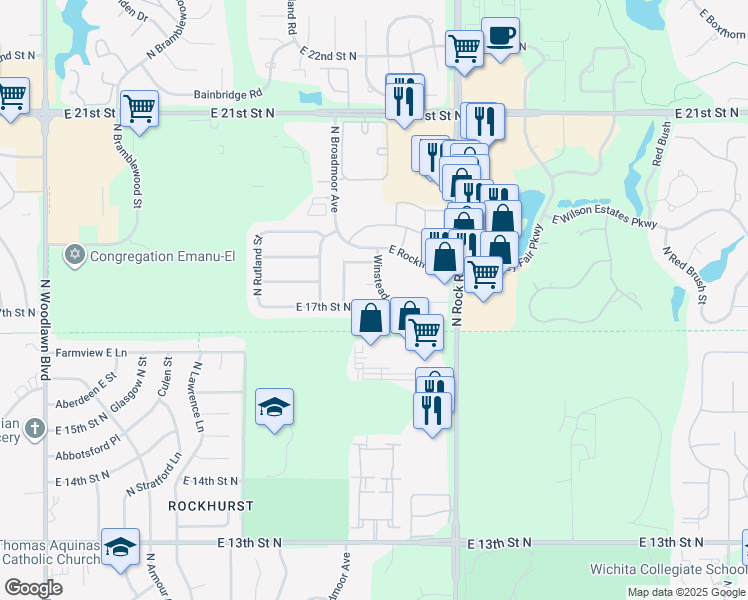 map of restaurants, bars, coffee shops, grocery stores, and more near 7517 East 17th Street North in Wichita
