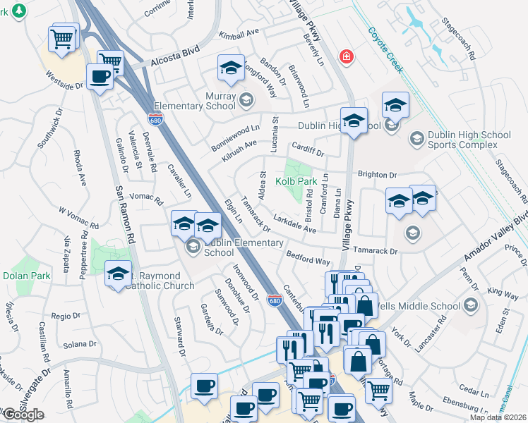 map of restaurants, bars, coffee shops, grocery stores, and more near 8023 Tamarack Drive in Dublin