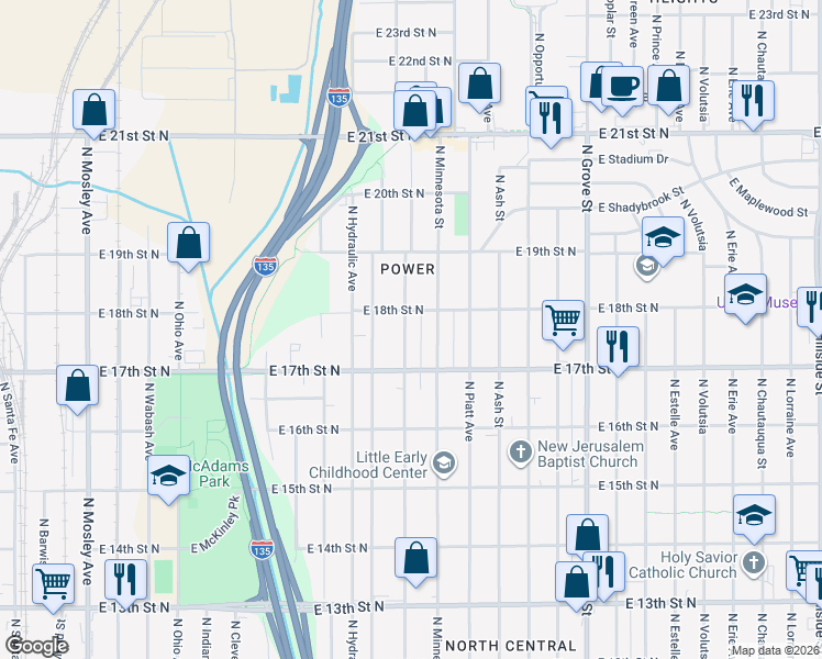 map of restaurants, bars, coffee shops, grocery stores, and more near 1817 N Minneapolis St in Wichita