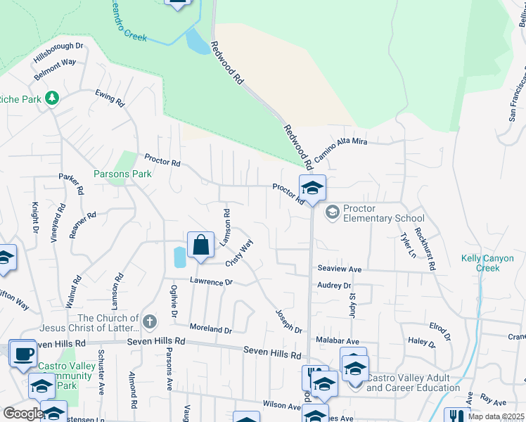 map of restaurants, bars, coffee shops, grocery stores, and more near 17673 Dorson Lane in Castro Valley