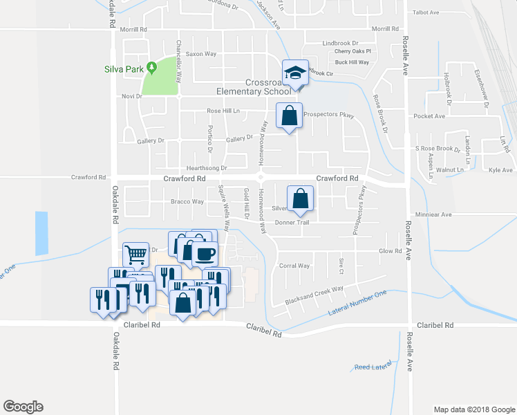 map of restaurants, bars, coffee shops, grocery stores, and more near 5319 Homewood Way in Riverbank
