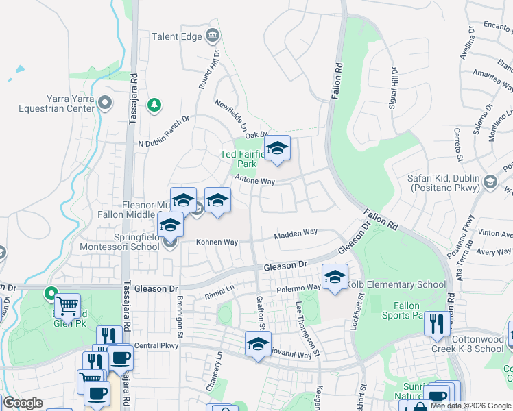 map of restaurants, bars, coffee shops, grocery stores, and more near 3601 Kohnen Way in Dublin