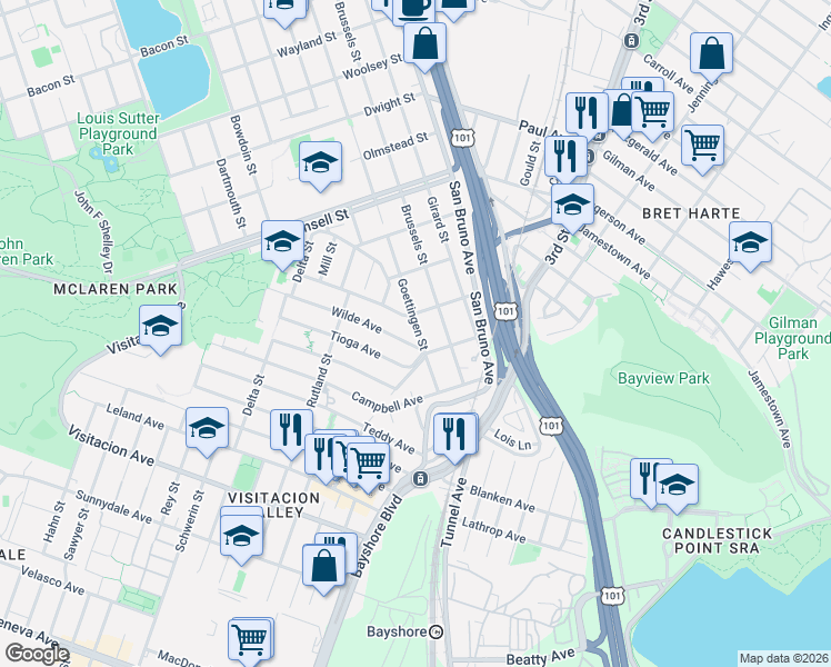 map of restaurants, bars, coffee shops, grocery stores, and more near 18 Tioga Avenue in San Francisco