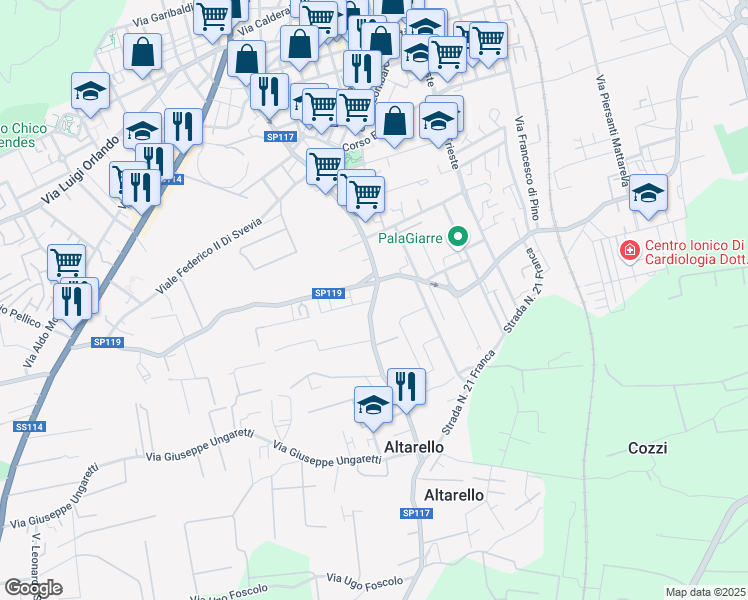 map of restaurants, bars, coffee shops, grocery stores, and more near Viale delle Provincie in Giarre