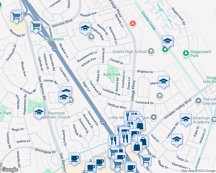 map of restaurants, bars, coffee shops, grocery stores, and more near 7471 Larkdale Avenue in Dublin
