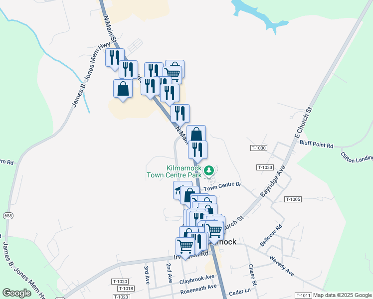 map of restaurants, bars, coffee shops, grocery stores, and more near 279 North Main Street in Kilmarnock