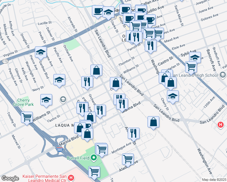 map of restaurants, bars, coffee shops, grocery stores, and more near 1996 Alvarado Street in San Leandro